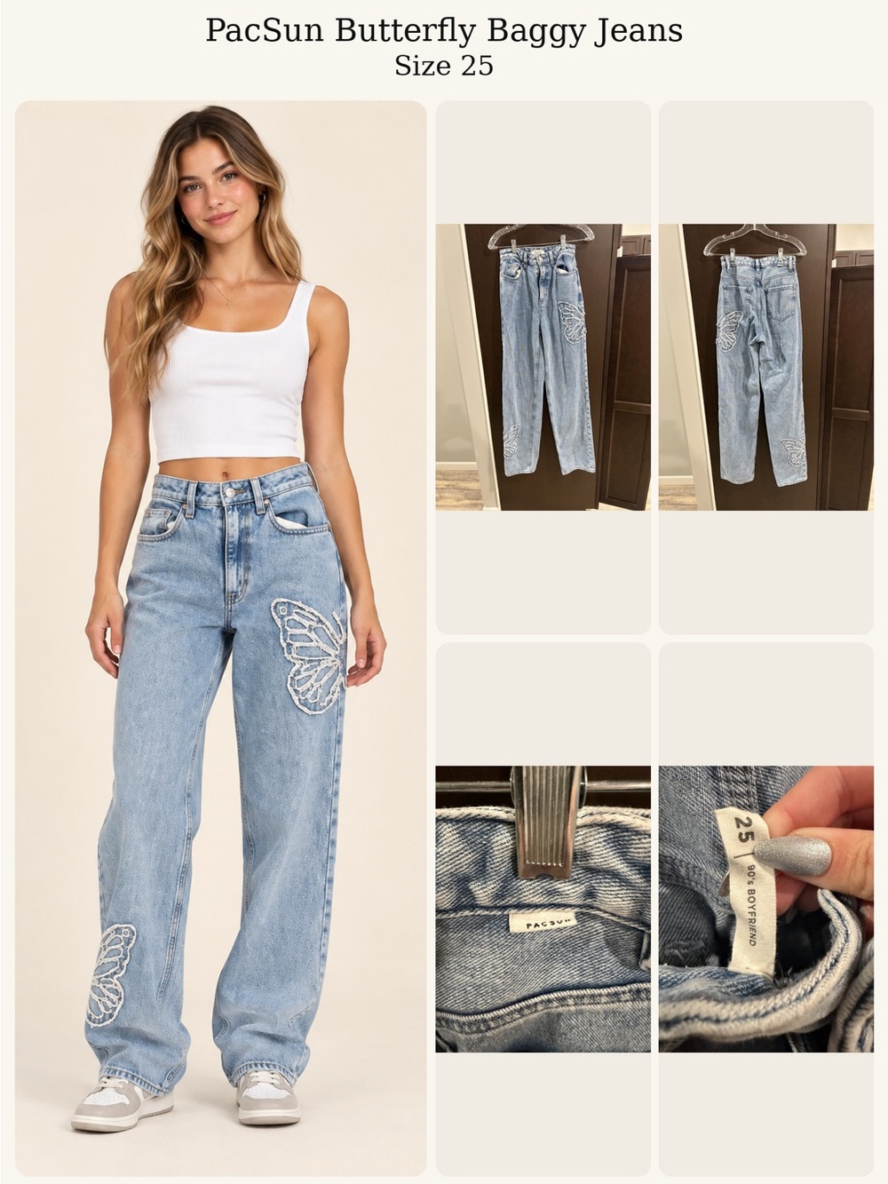 PacSun Light Blue Butterfly Embroidered Baggy Jeans